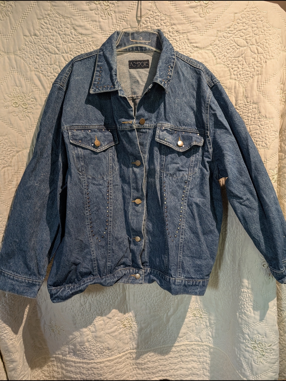 Plus Size Women's Blue Denim Jacket with Stud Detail